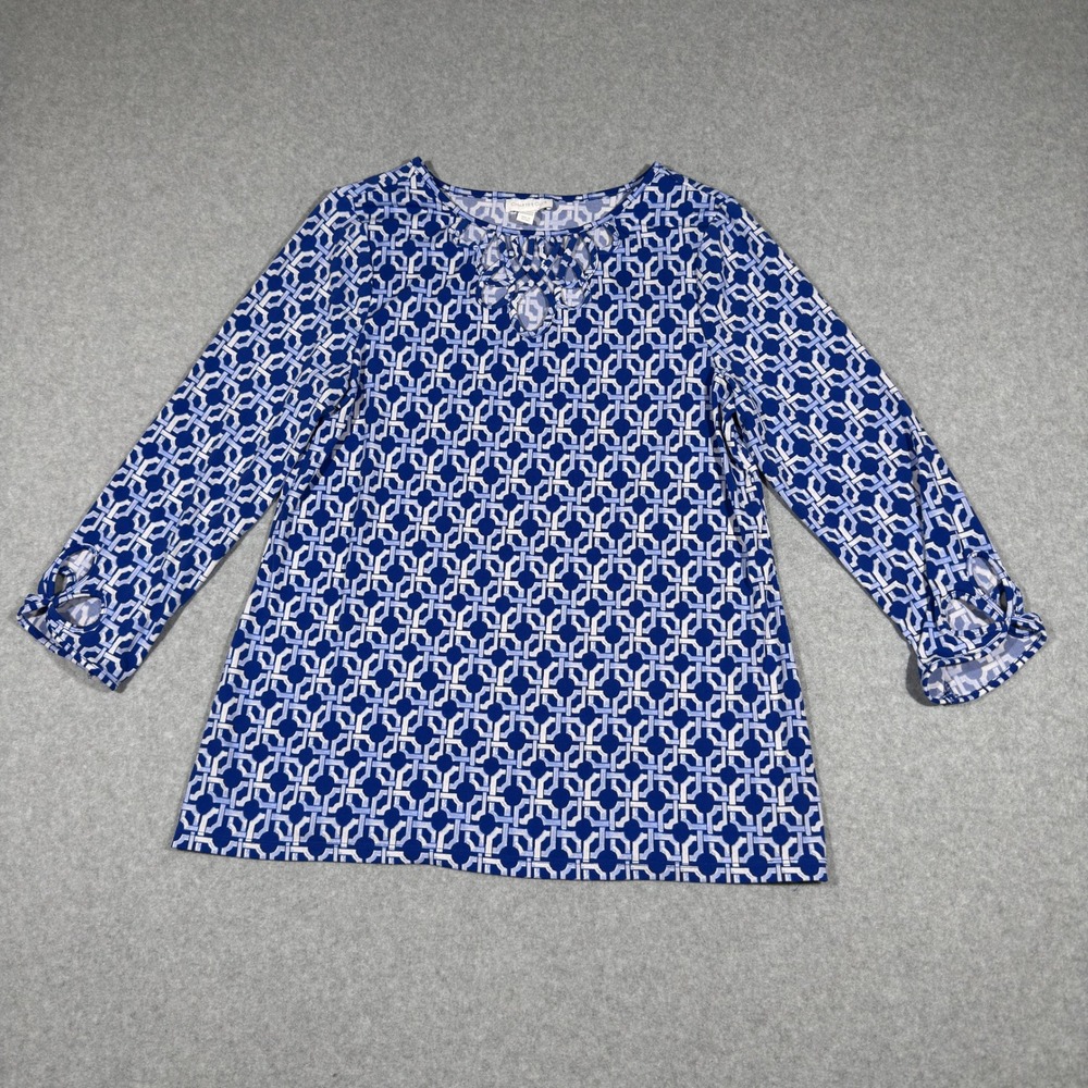 Charter Club Womens Blue Geometric Lattice Cutout Neck 3/4 Sleeve Top Size M